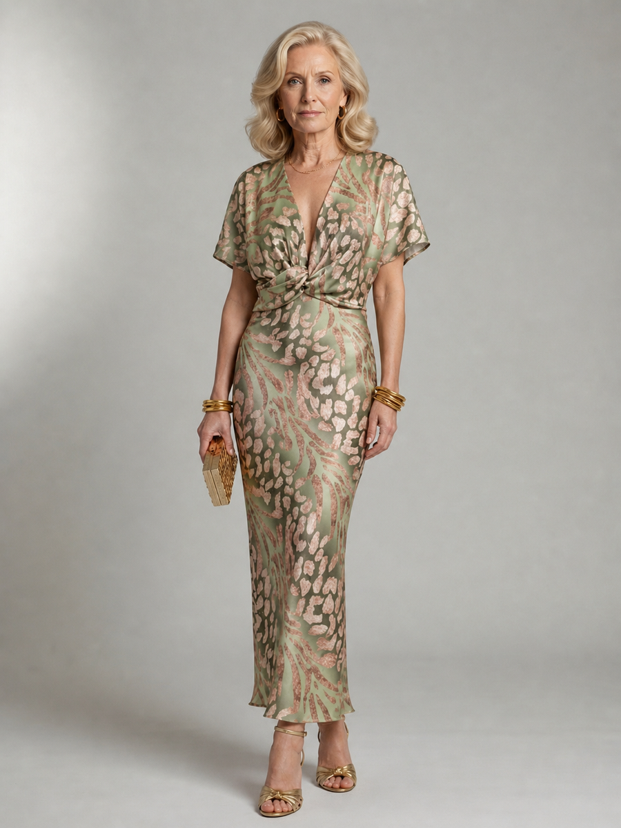 Green abstract print midi dress with twisted waist, V-neck and short sleeves