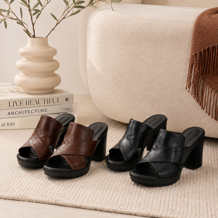 Chunky-heel comfort sandals with wide straps, dark brown and black slip-on design