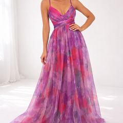 Watercolor floral maxi dress with spaghetti straps and V-neck, purple/pink tiered skirt