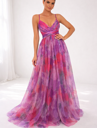 Watercolor floral maxi dress with spaghetti straps and V-neck, purple/pink tiered skirt