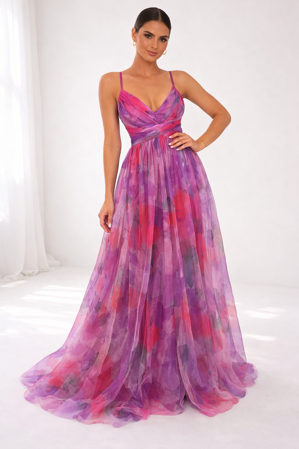 Watercolor floral maxi dress with spaghetti straps and V-neck, purple/pink tiered skirt