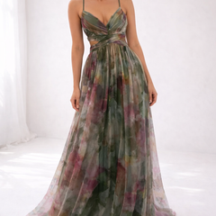 Watercolor floral maxi dress with spaghetti straps and V-neck, green/purple tiered skirt