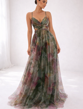 Watercolor floral maxi dress with spaghetti straps and V-neck, green/purple tiered skirt