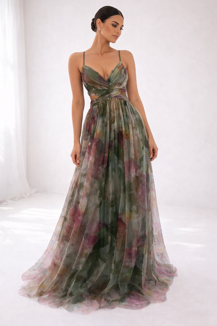 Watercolor floral maxi dress with spaghetti straps and V-neck, green/purple tiered skirt