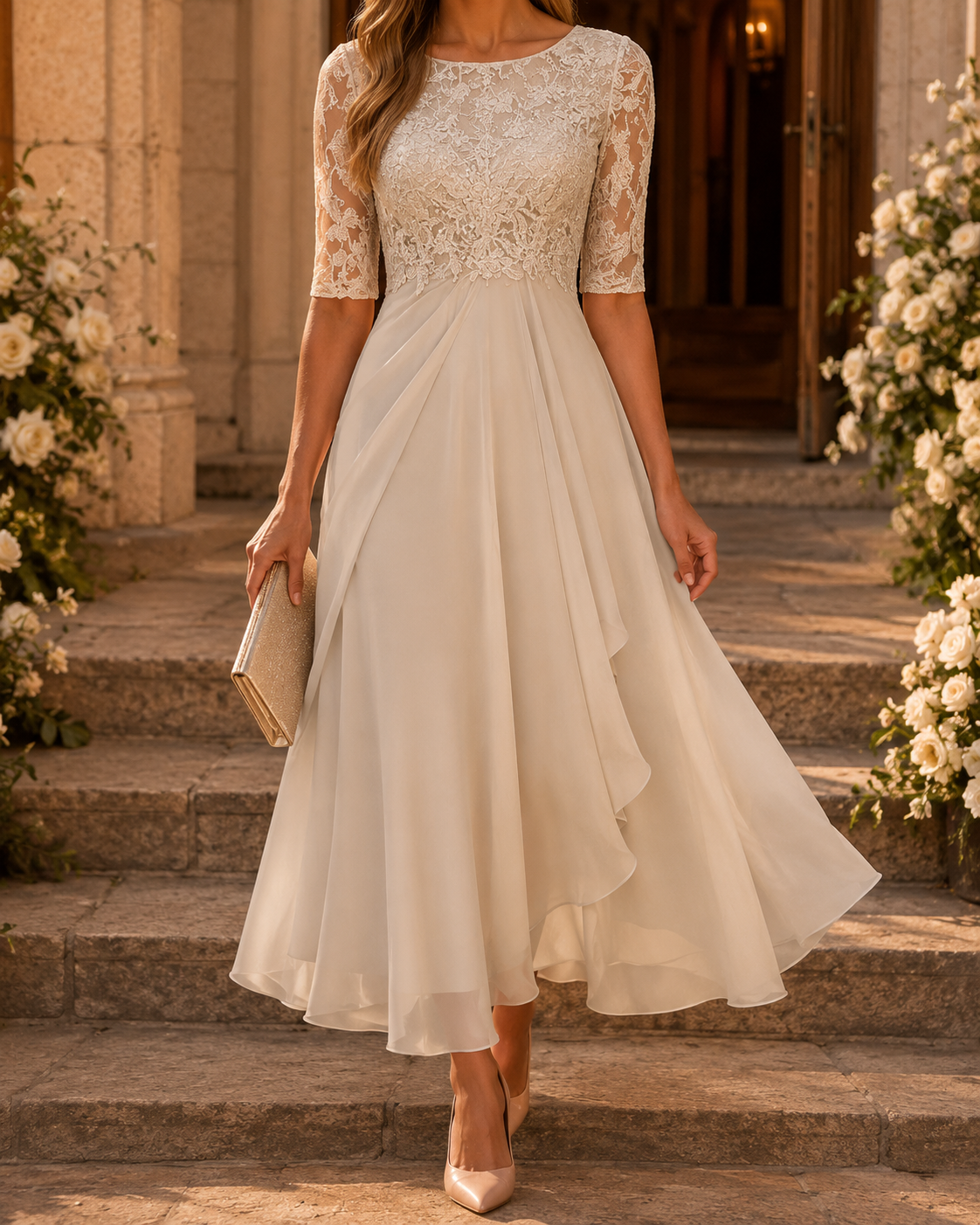 Ivory lace midi dress with lace sleeves, fitted waist and flowing layered skirt