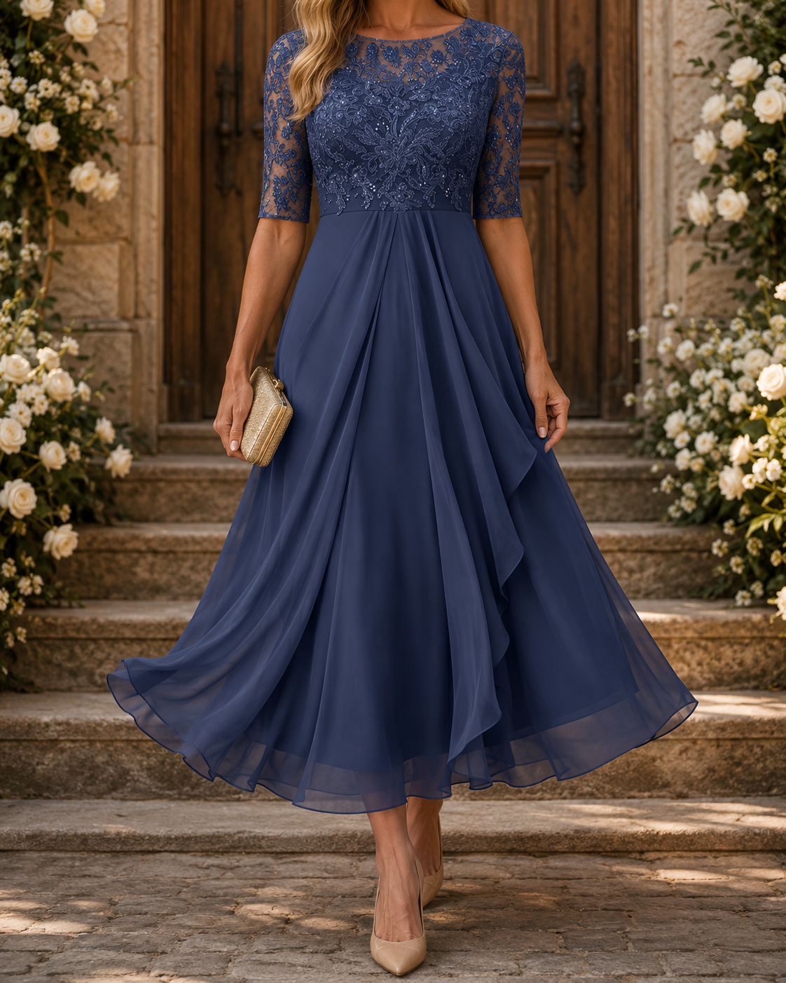 Navy lace midi dress with 3/4 sleeves, ruched bodice and layered ruffle skirt
