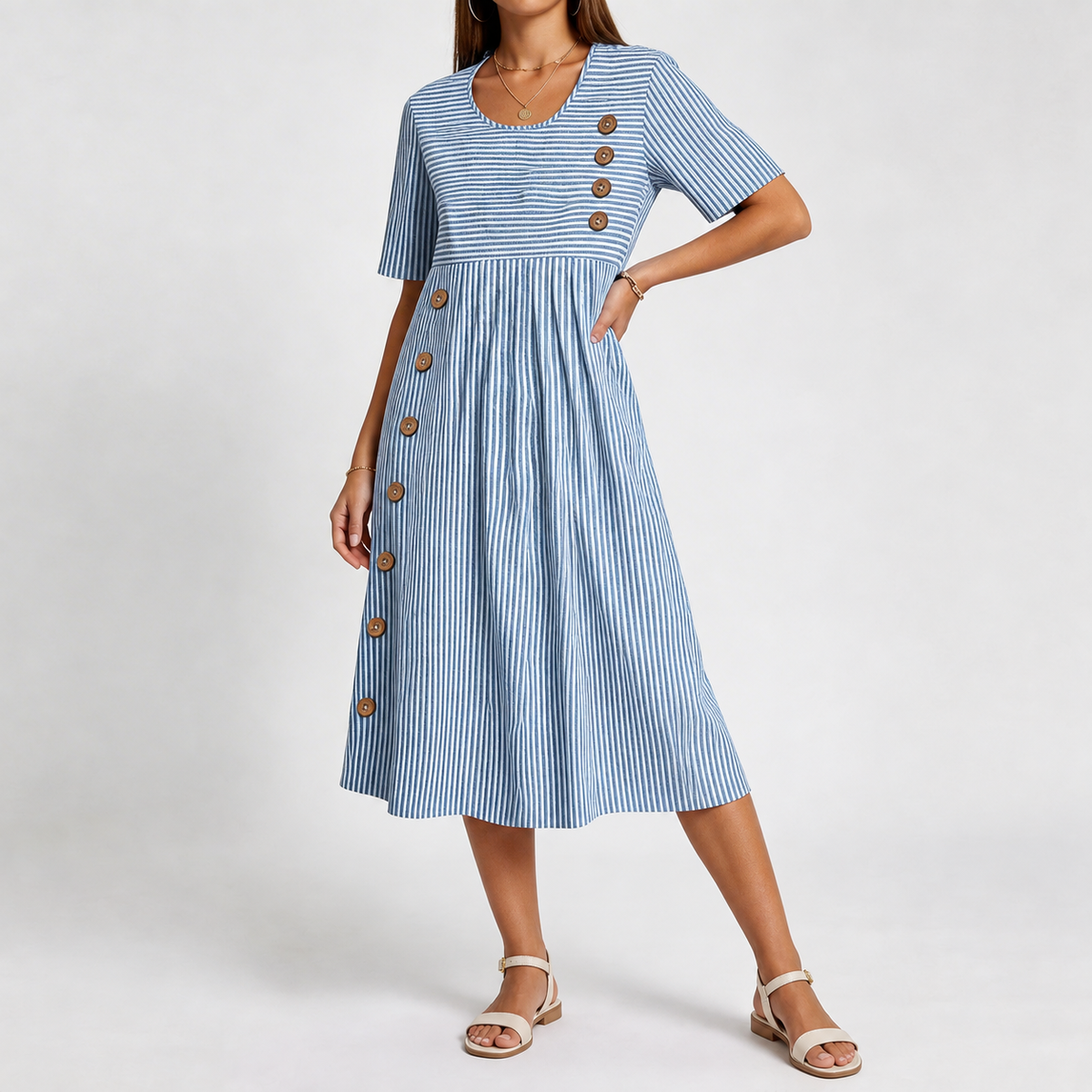 Blue striped midi dress with round neck, short sleeves, and front button details