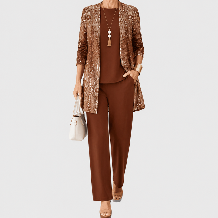 Brown 3-piece outfit set: sequin jacket over top with matching straight pants