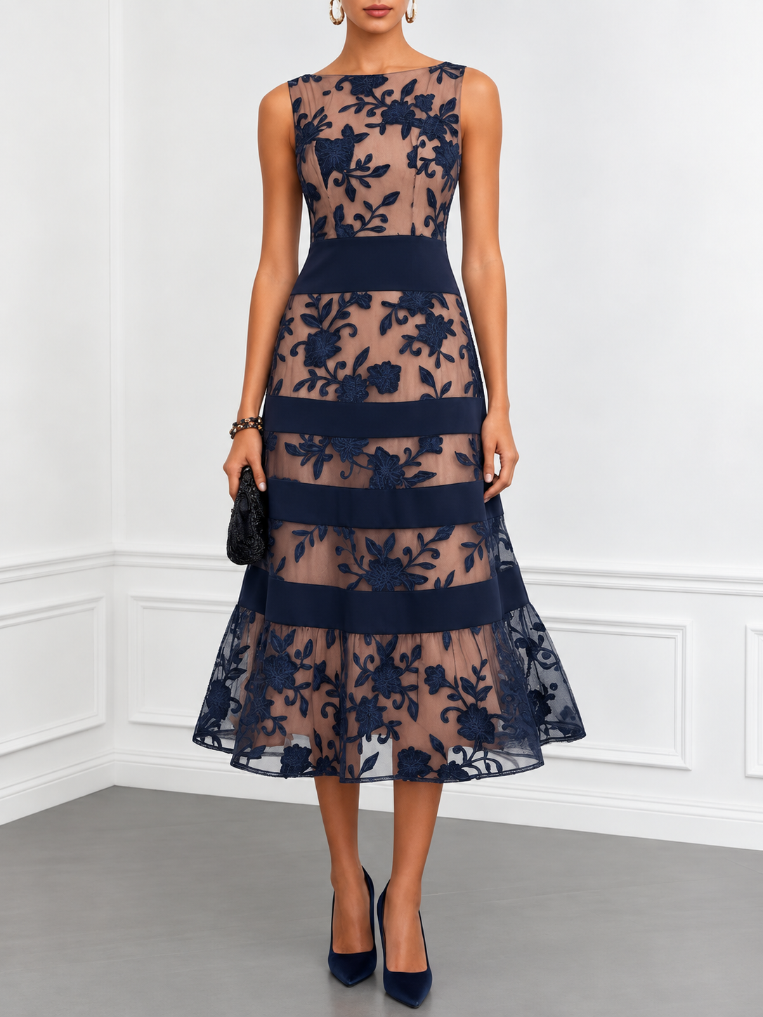 Dark blue floral mesh midi dress with sleeveless round neck and layered ruffle hem