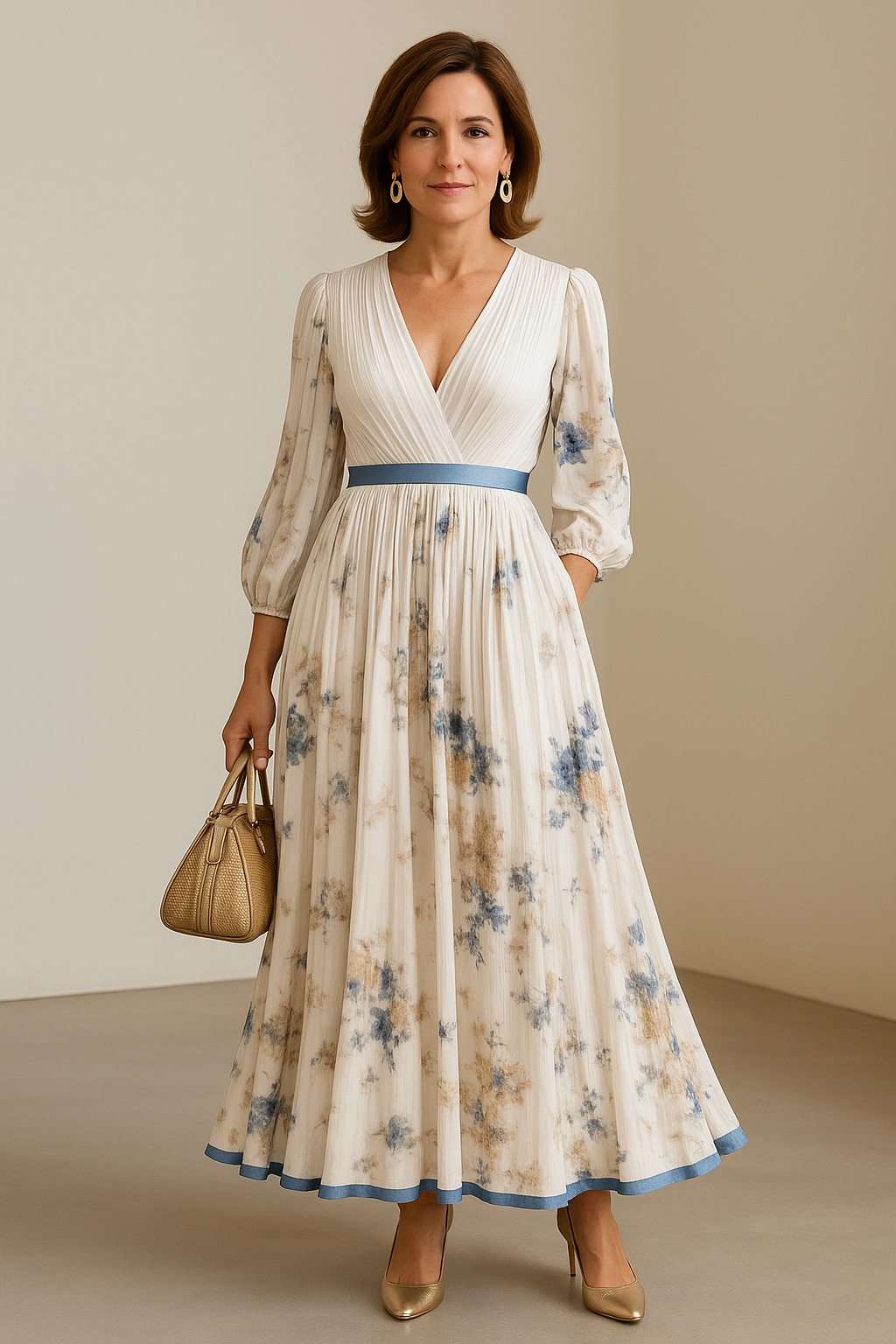 Floral pleated maxi dress with V-neck, long sleeves, blue waistband and trim