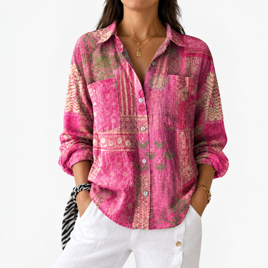 Pink multicolor patchwork button-up blouse with collar and long sleeves