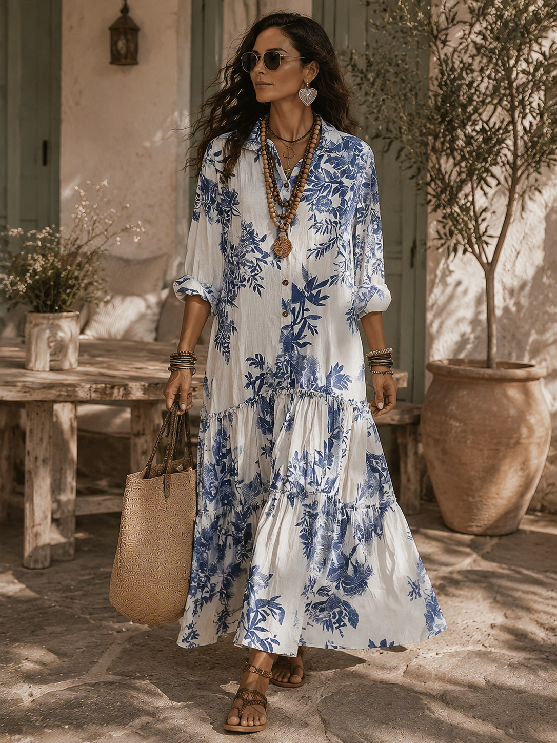 Bohemian blue floral tiered maxi dress with button front, ruffled tiers, 3/4 sleeves