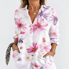 Floral button-up blouse with long sleeves, V-neck; pink and purple blooms on white