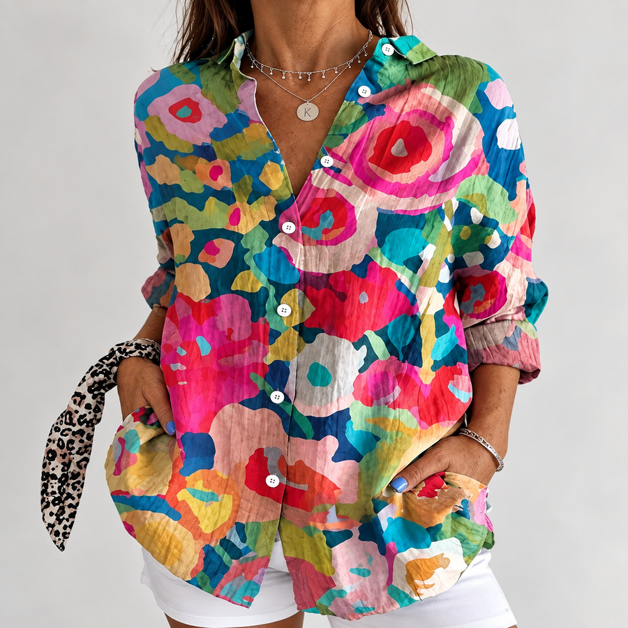 Dahlia playful garden blouse with colorful abstract print, button-front V-neck, long sleeves