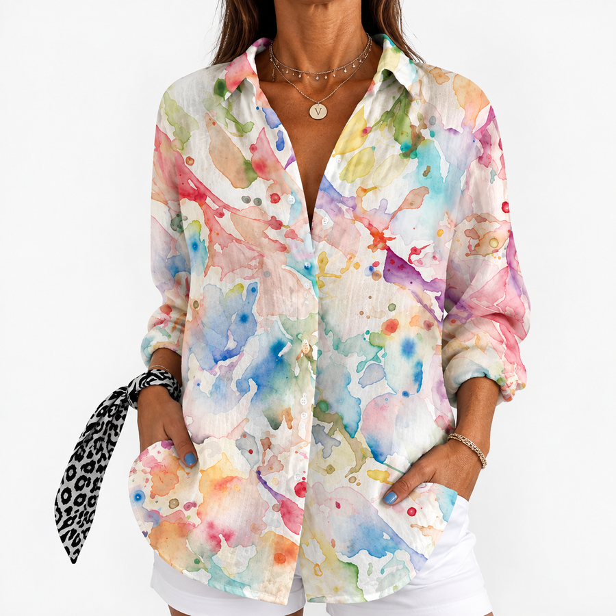 Pastel watercolor print button-up blouse with long sleeves and open collar