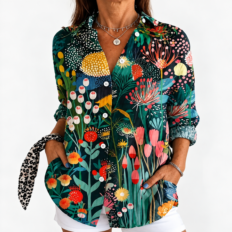 Midnight botanical button-front blouse with long sleeves, dark teal floral print