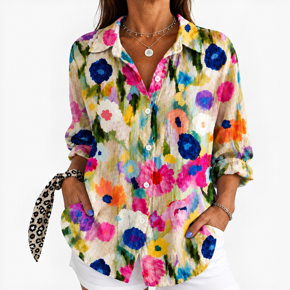 Watercolor floral blouse with button-front and colorful print, long sleeves