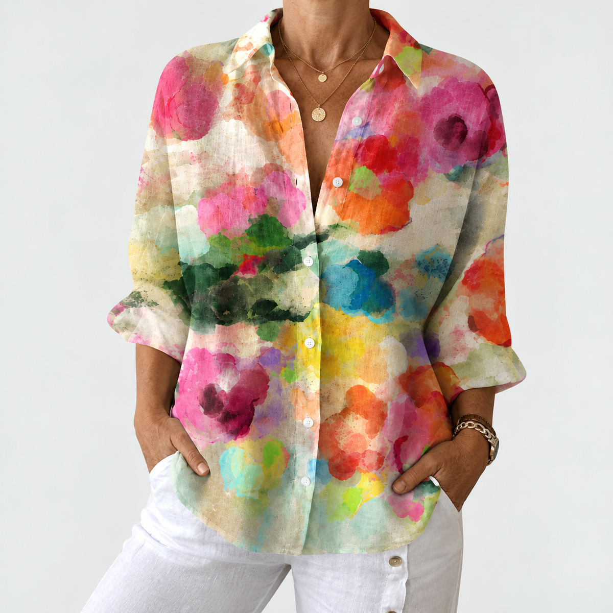 Multicolour watercolor floral blouse with button-front, collared neckline
