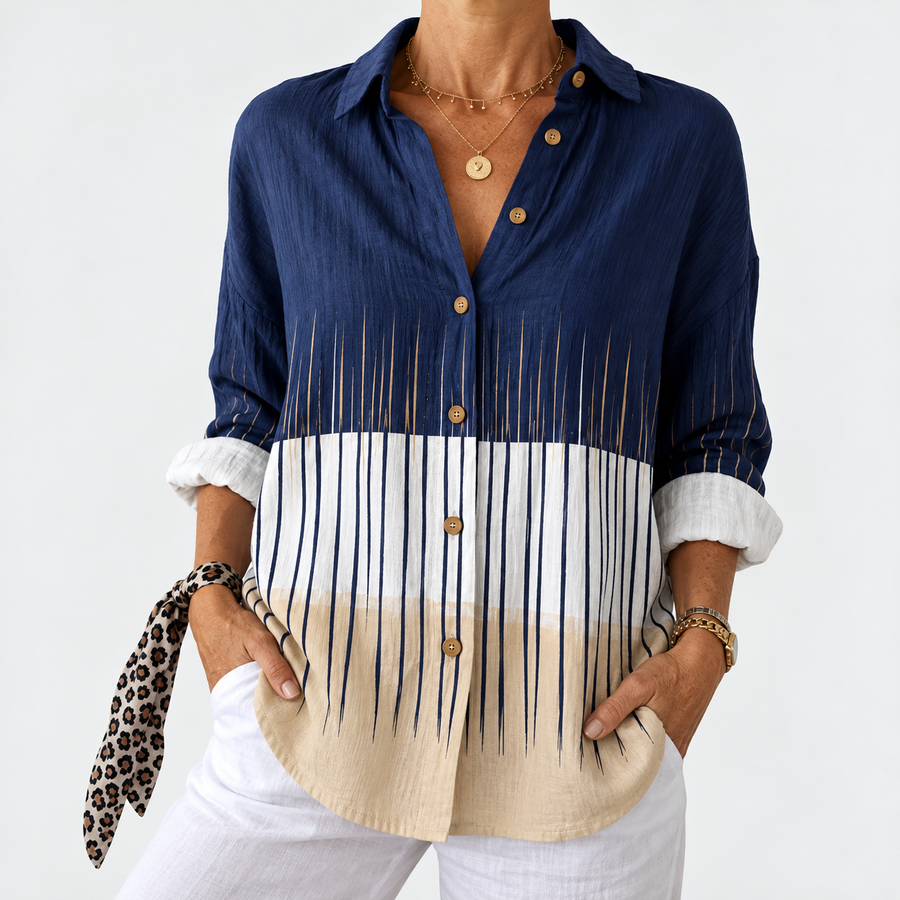 Three-tone striped button-up blouse with fringe detail, navy and cream tones