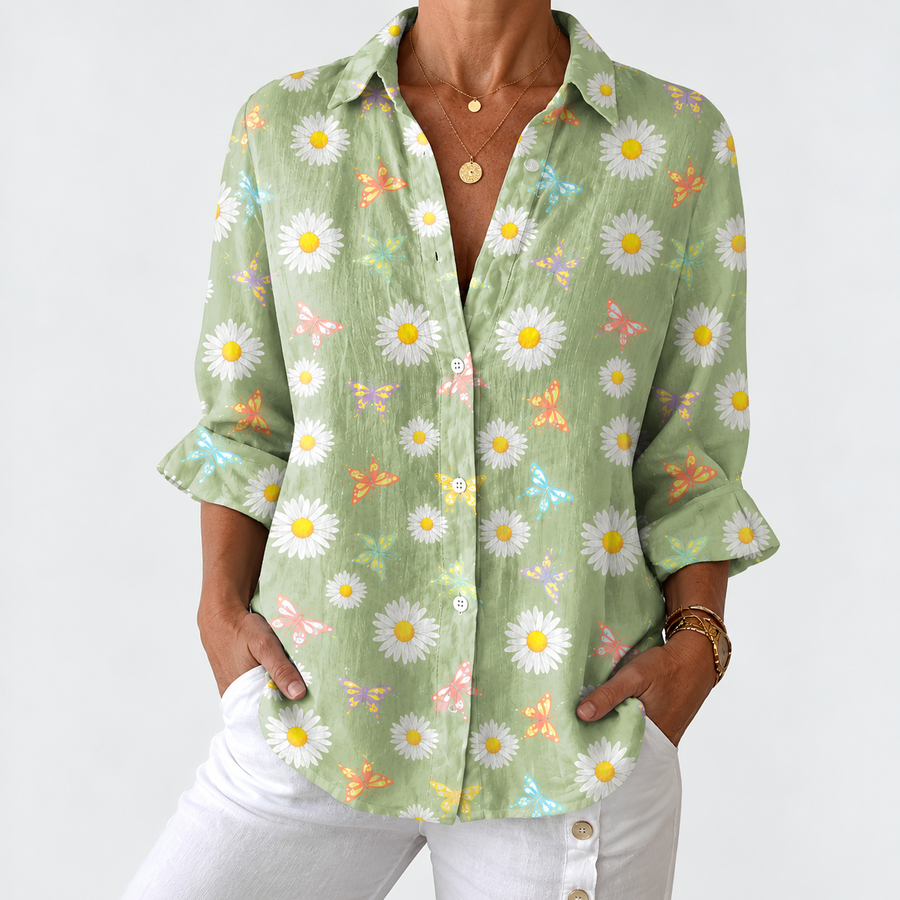Sage daisy and butterfly print button-up blouse with V-neck and short sleeves
