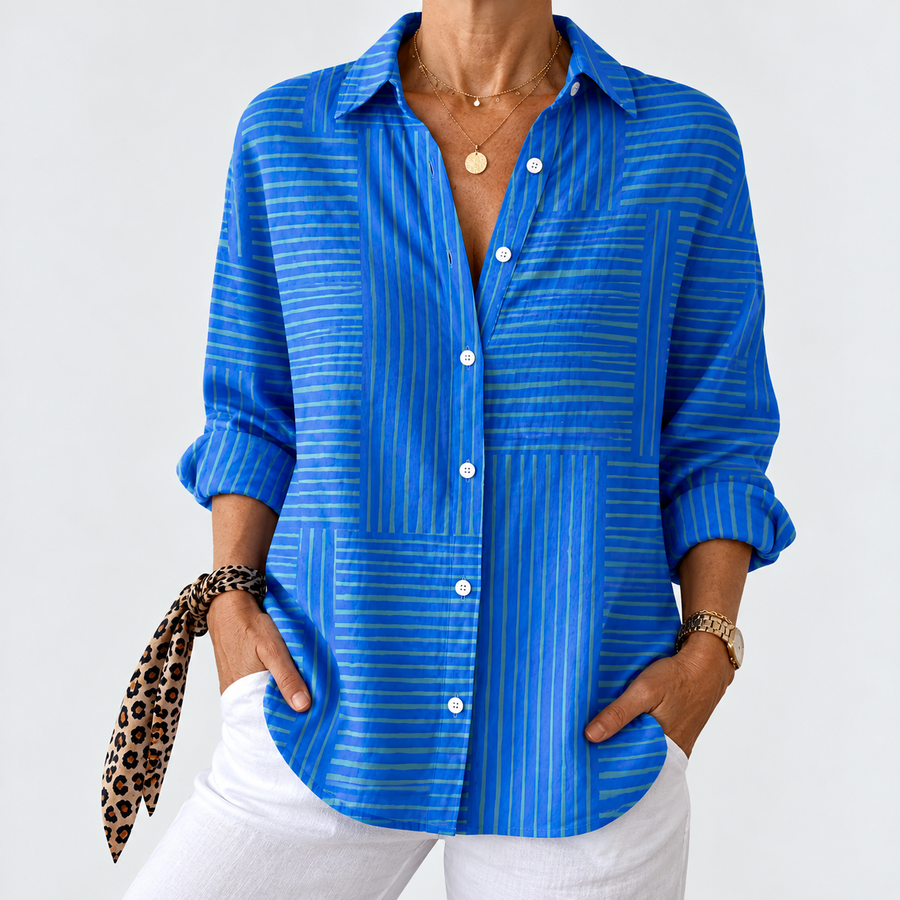 Emma modern blue striped blouse with button front and long sleeves