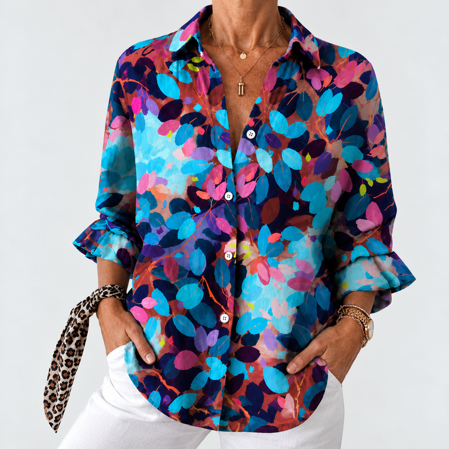 Multicolor botanical leaf button-up blouse with V-neck and roll-tab sleeves