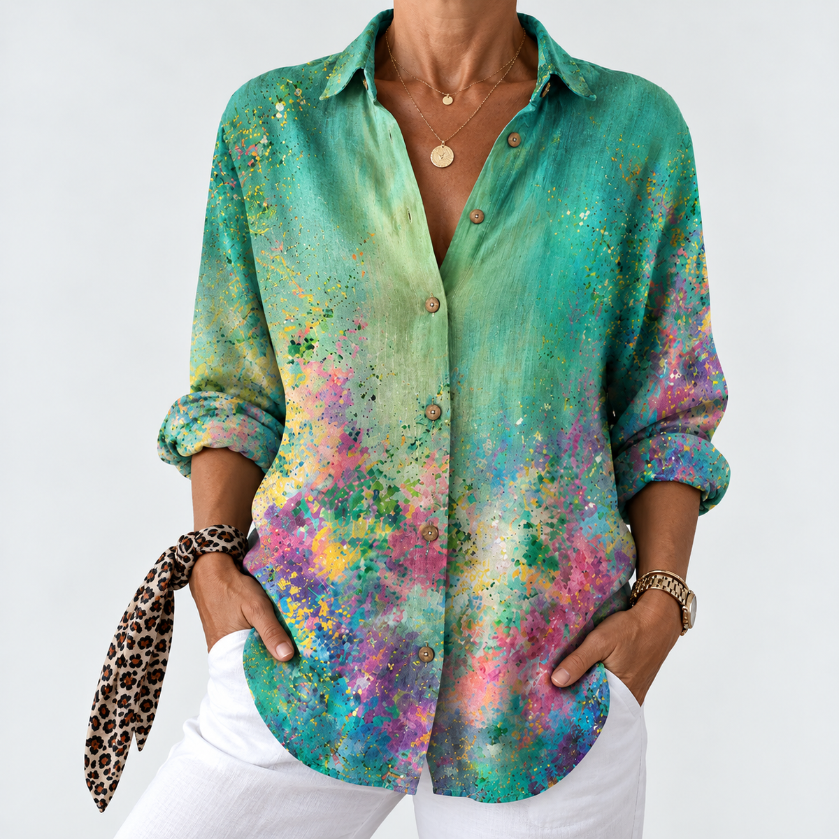 Emerald watercolor splash button-up blouse with collar and long sleeves