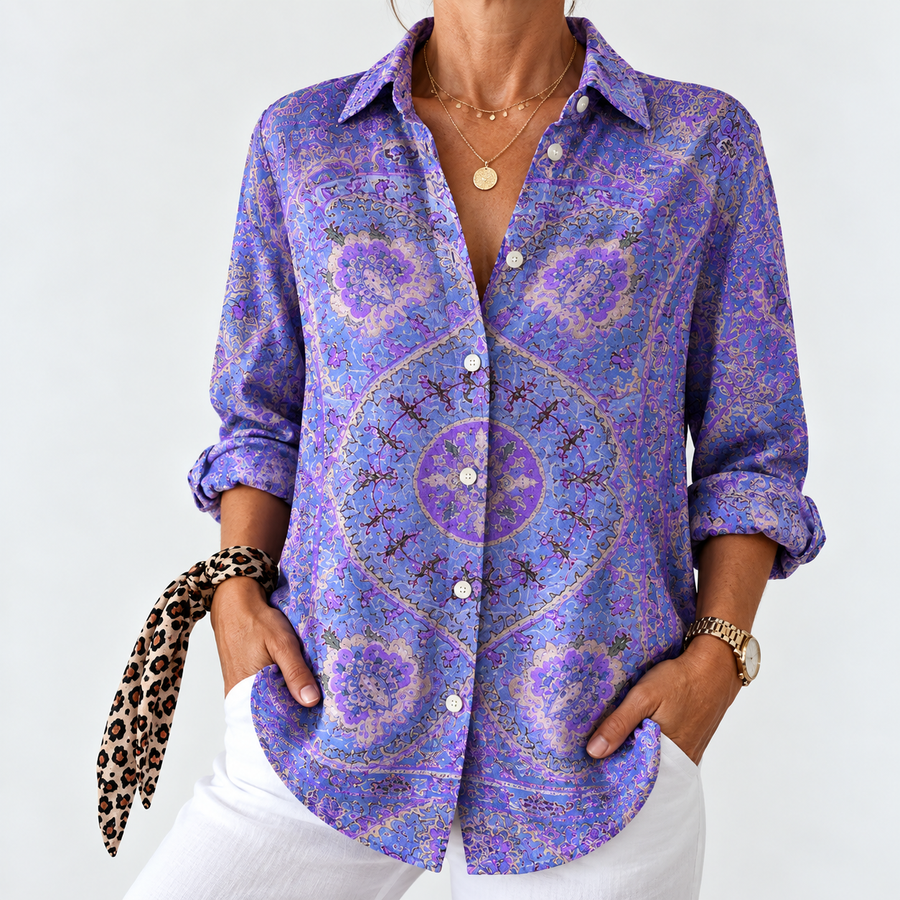 Ruby lavender paisley button-up blouse with pointed collar, long sleeves, front buttons