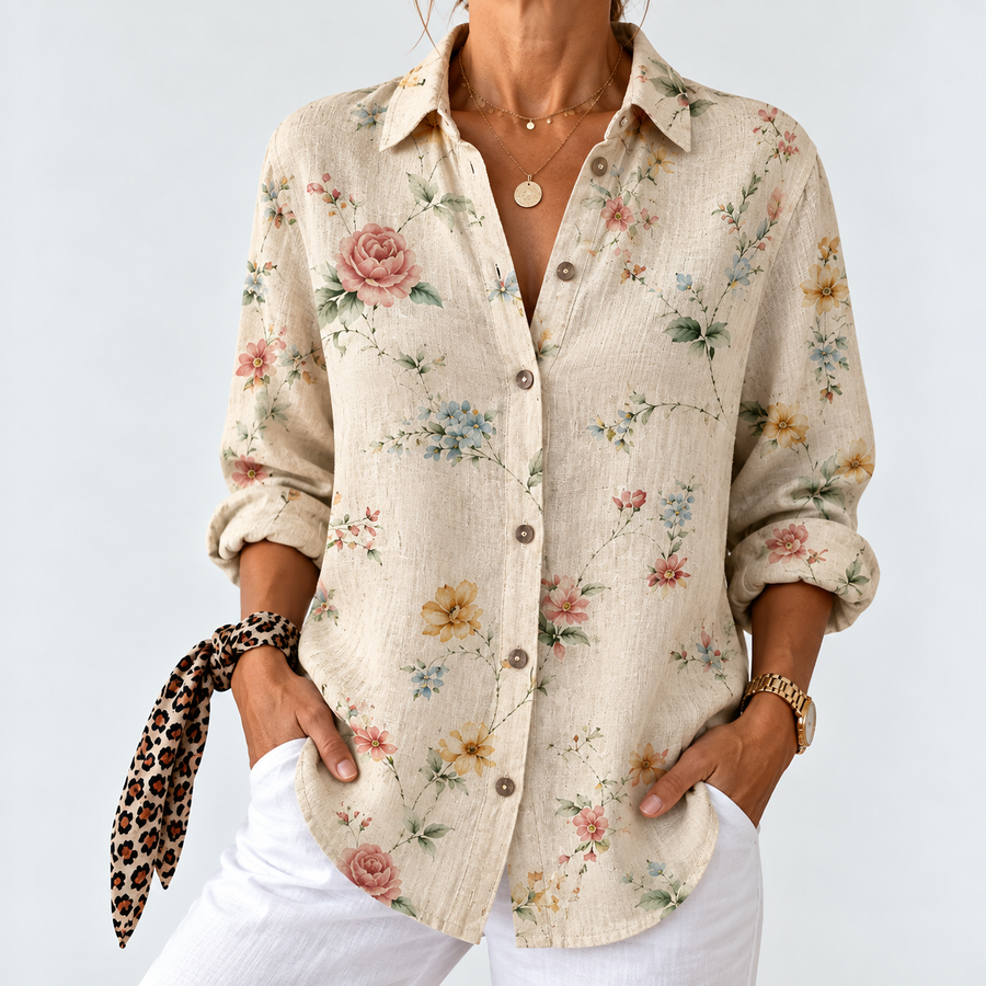 Cream floral button-up blouse with point collar, long sleeves, and front placket.