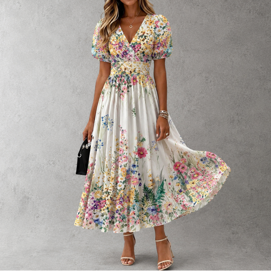 Floral short sleeve maxi dress with V-neck, gathered waist and full skirt