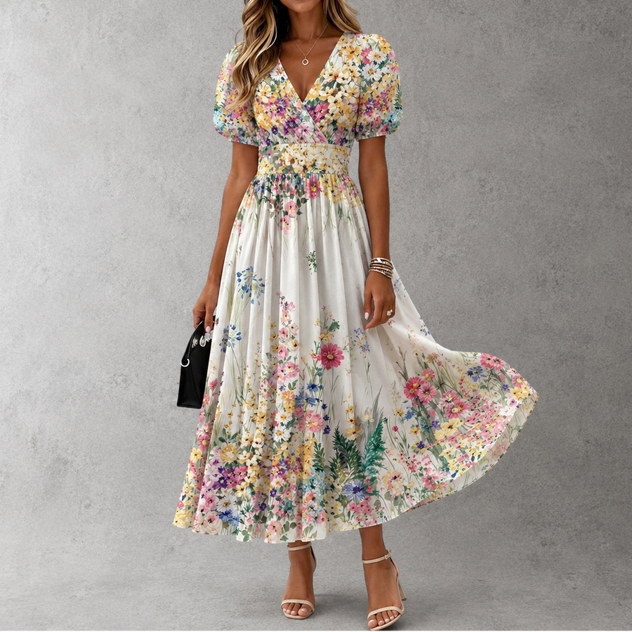 Floral short sleeve maxi dress with V-neck, gathered waist and full skirt