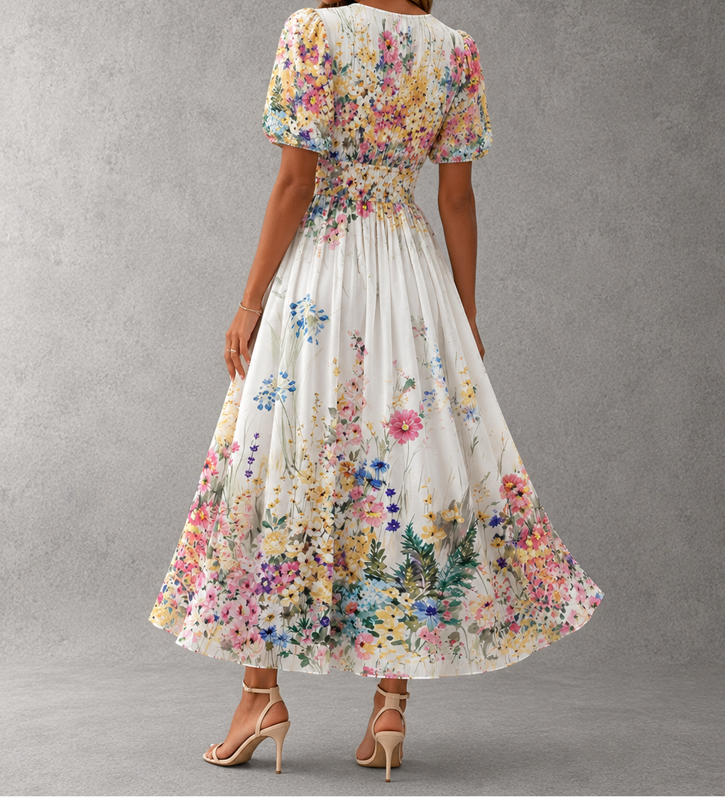 Back view floral maxi dress with puff sleeves and gathered waist, flowing skirt