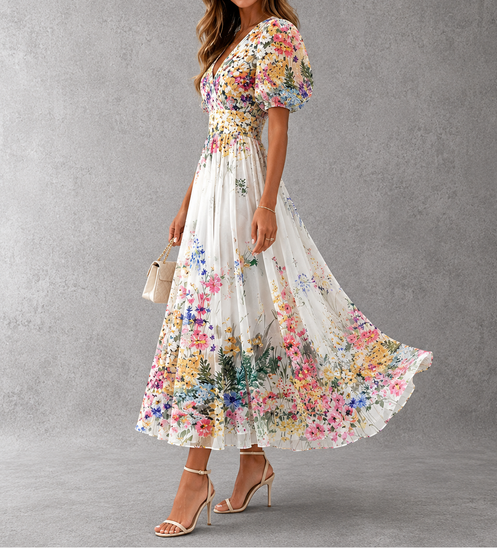 Floral short sleeve maxi dress with V-neck and puff sleeves, gathered full skirt
