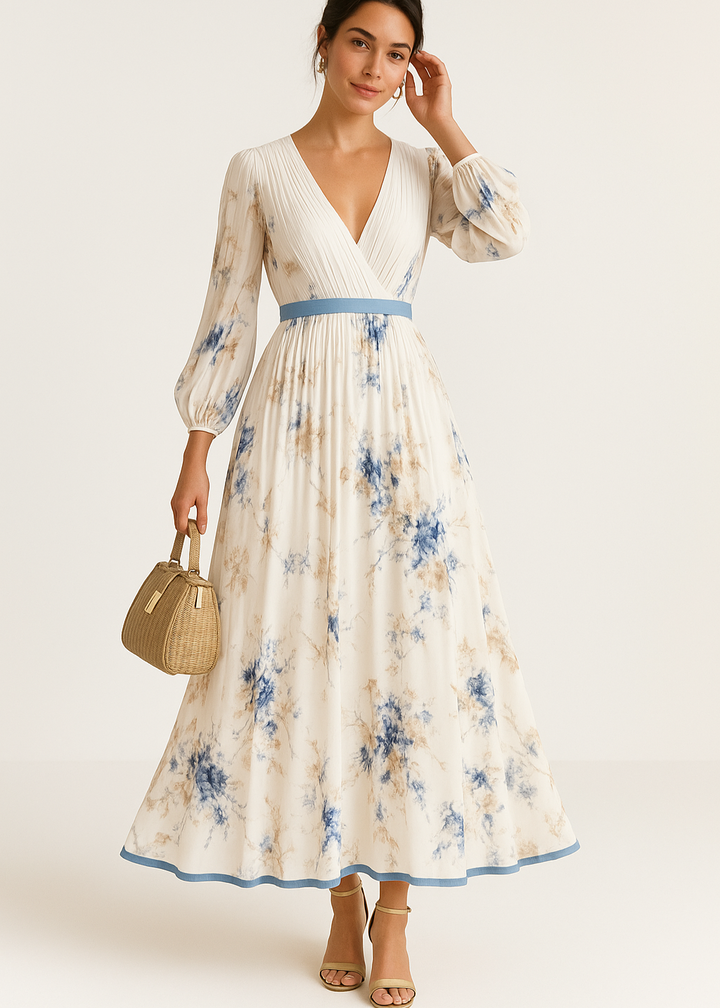 Floral maxi dress with V-neck, gathered waist, long sleeves, blue trim