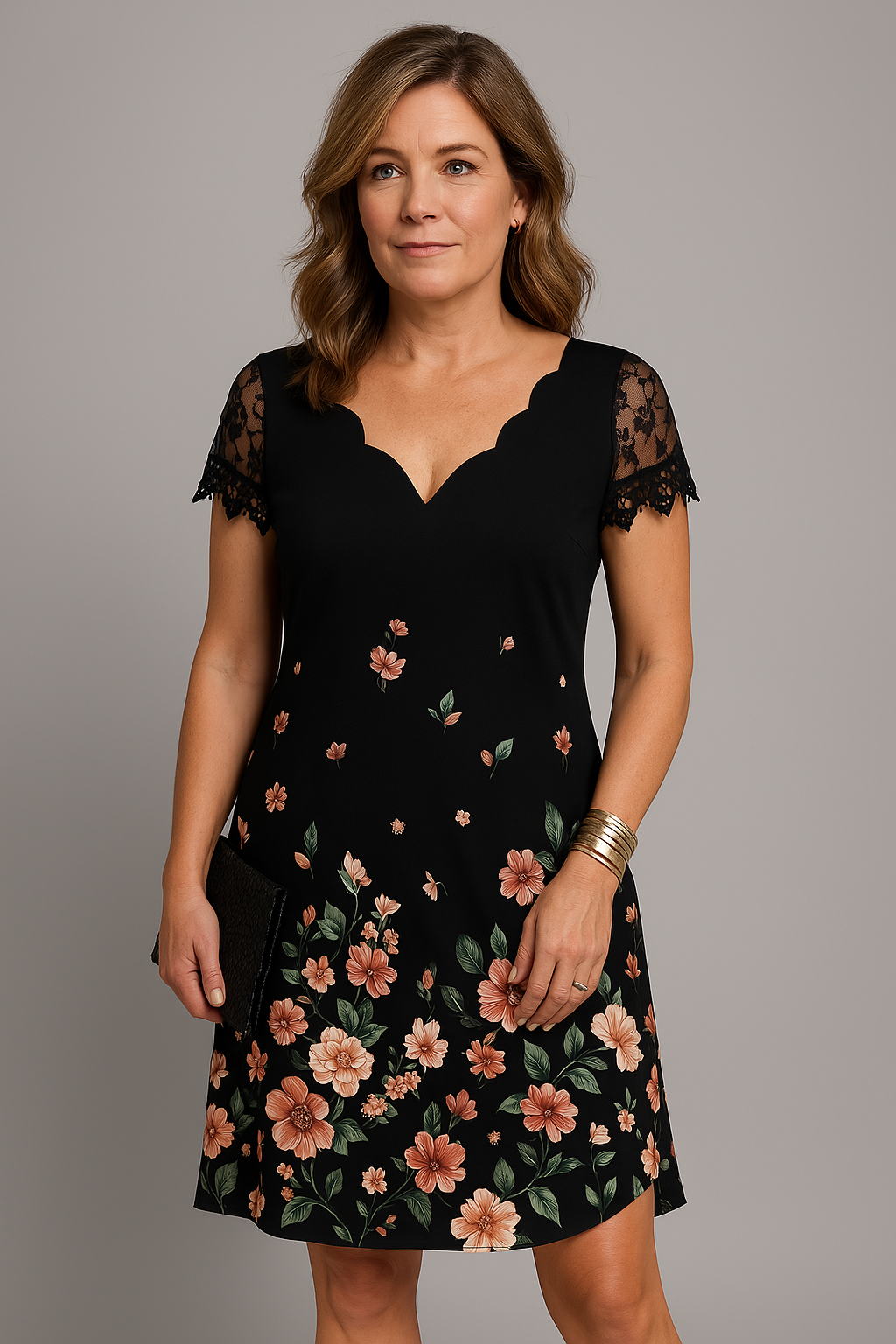 Victoria™ elegant dress with black V-neck and lace short sleeves, small floral print.
