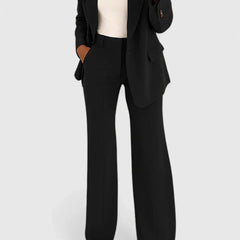 Black two-piece blazer and wide-leg trousers suit set with notched lapels
