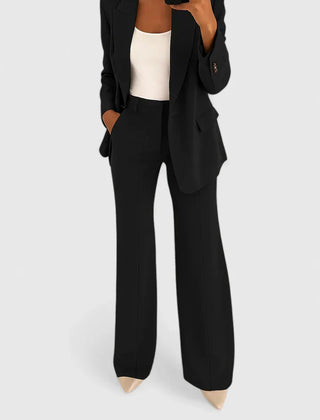 Black two-piece blazer and wide-leg trousers suit set with notched lapels