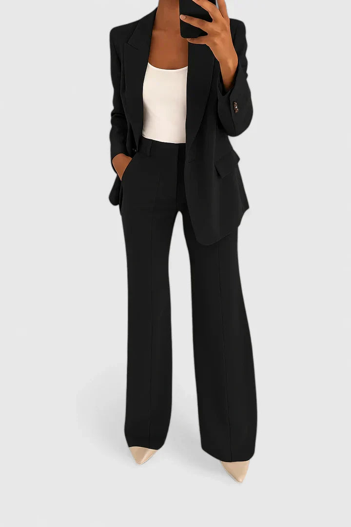 Black two-piece blazer and wide-leg trousers suit set with notched lapels