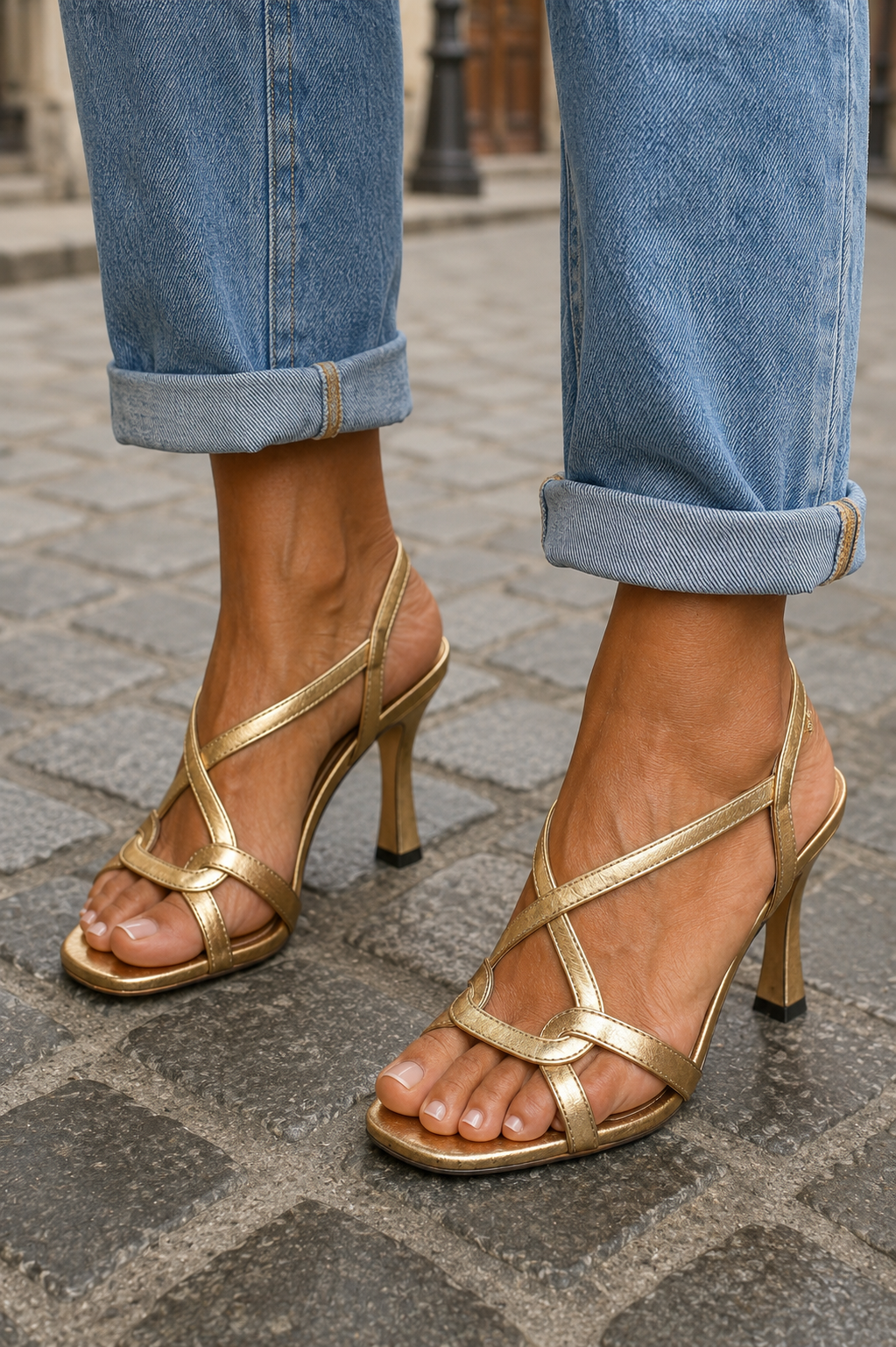 Gold strappy open-toe heeled sandals, side view with crisscross ankle strap