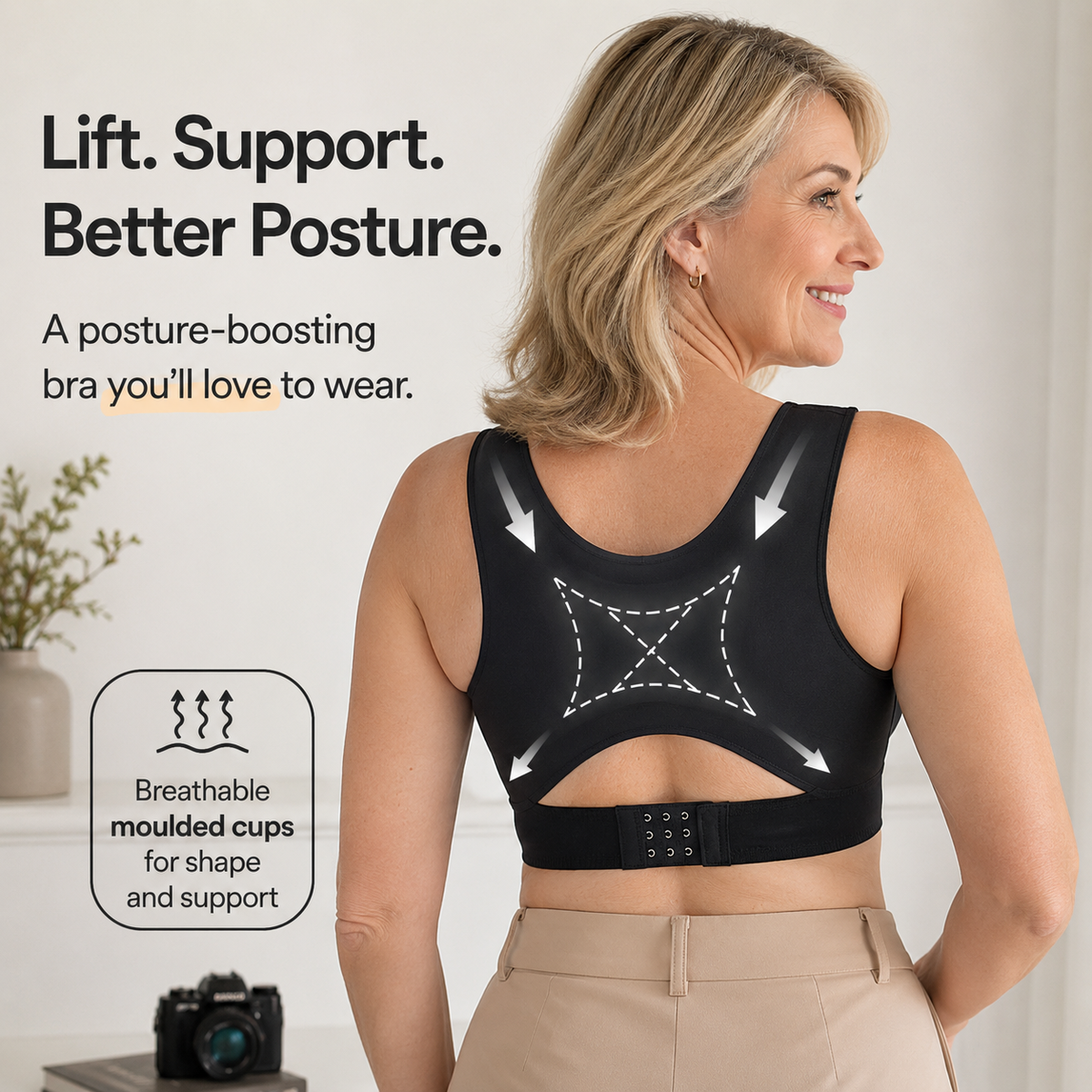 Black posture-support shaping bra with molded cups and supportive back straps