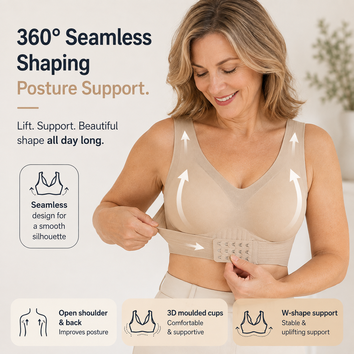 Nude seamless posture-support shaping bra with 3D molded cups and adjustable band