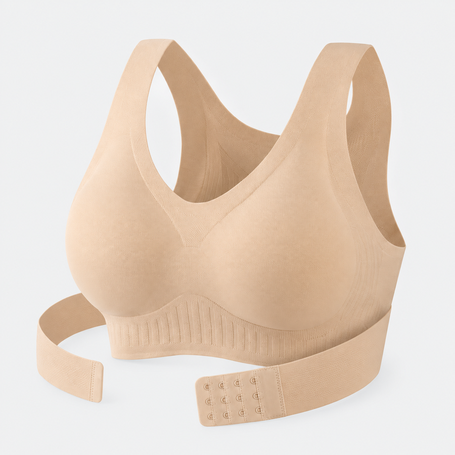 Nude seamless posture-support shaping bra with front hook-and-eye closure