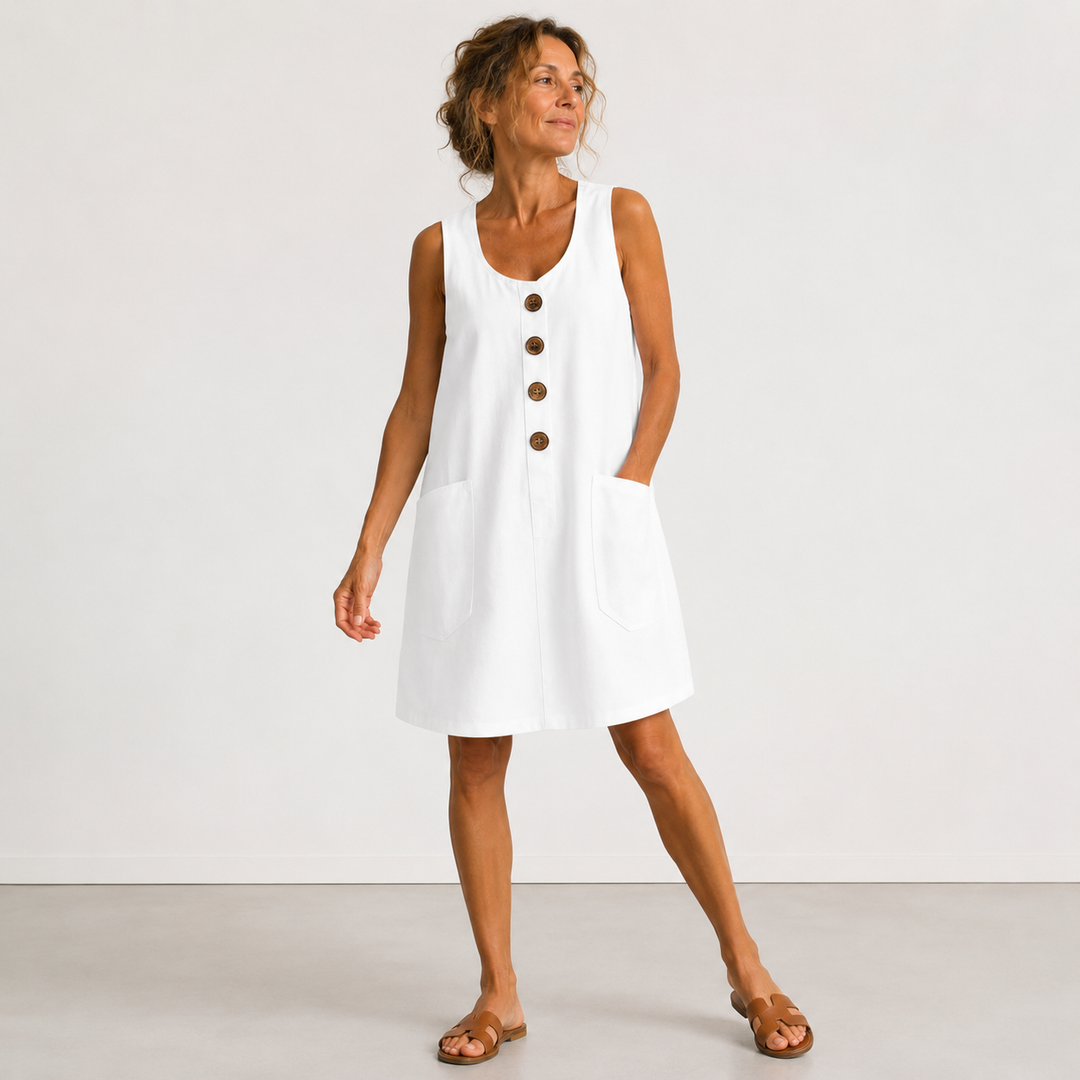 White cotton-linen sleeveless summer dress with front buttons and side pockets