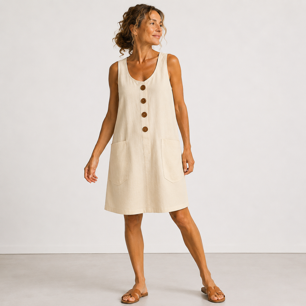 Beige cotton-linen sleeveless summer dress with button front and two patch pockets