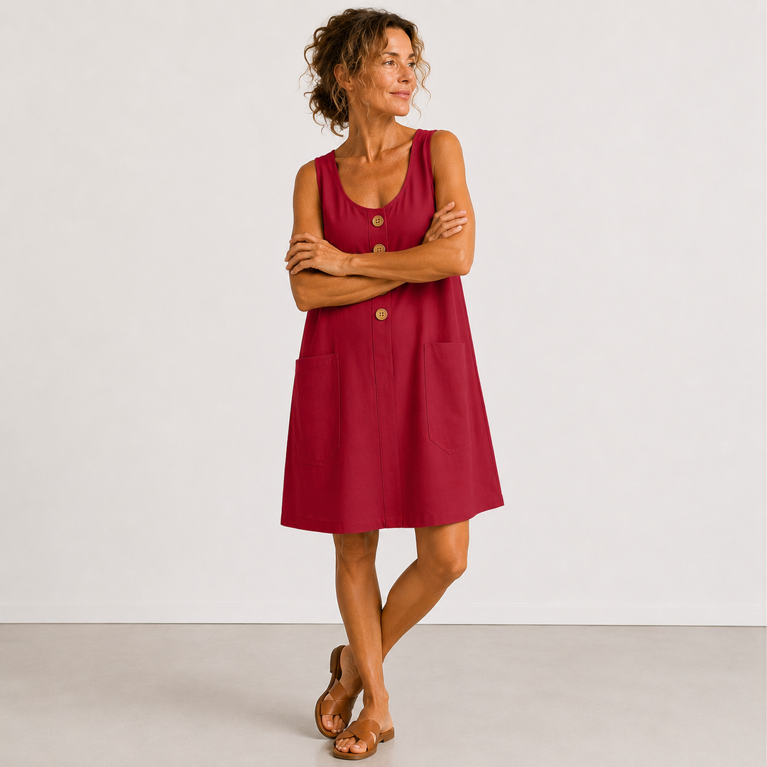 Red cotton-linen sleeveless summer dress with button front and chest patch pockets