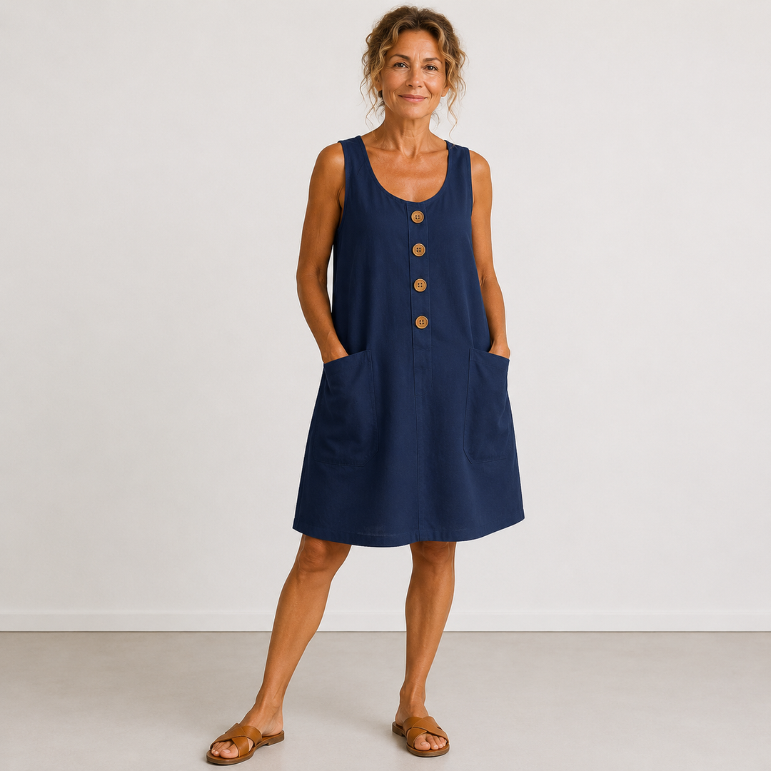 Blue cotton-linen sleeveless summer dress with front buttons and two patch pockets