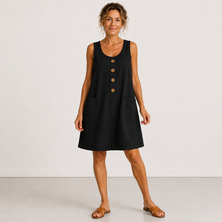 Black cotton-linen sleeveless summer dress with front buttons and side patch pockets