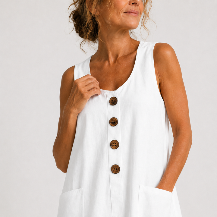 Close-up of white sleeveless cotton-linen dress with brown button placket and pocket