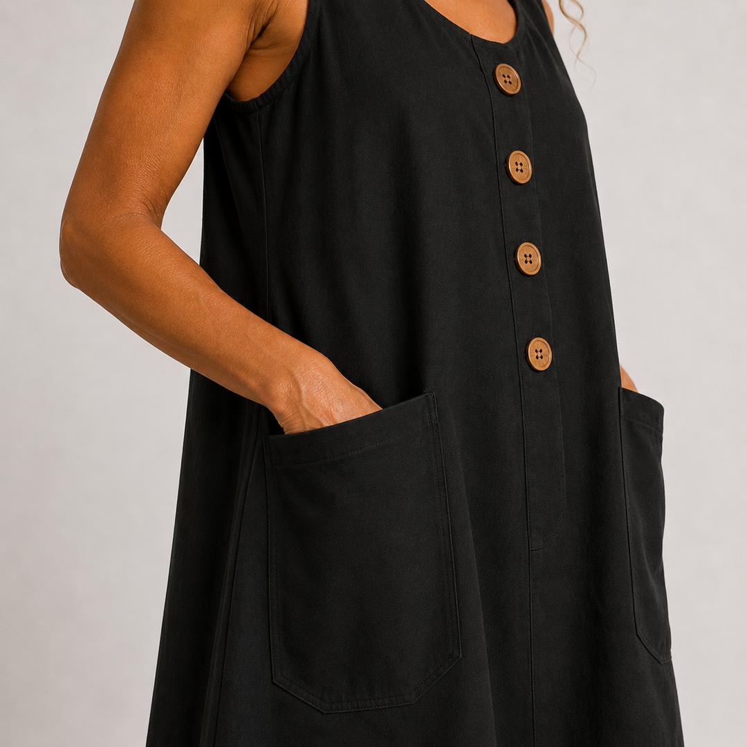Close-up of black sleeveless cotton-linen dress with front buttons and patch pockets