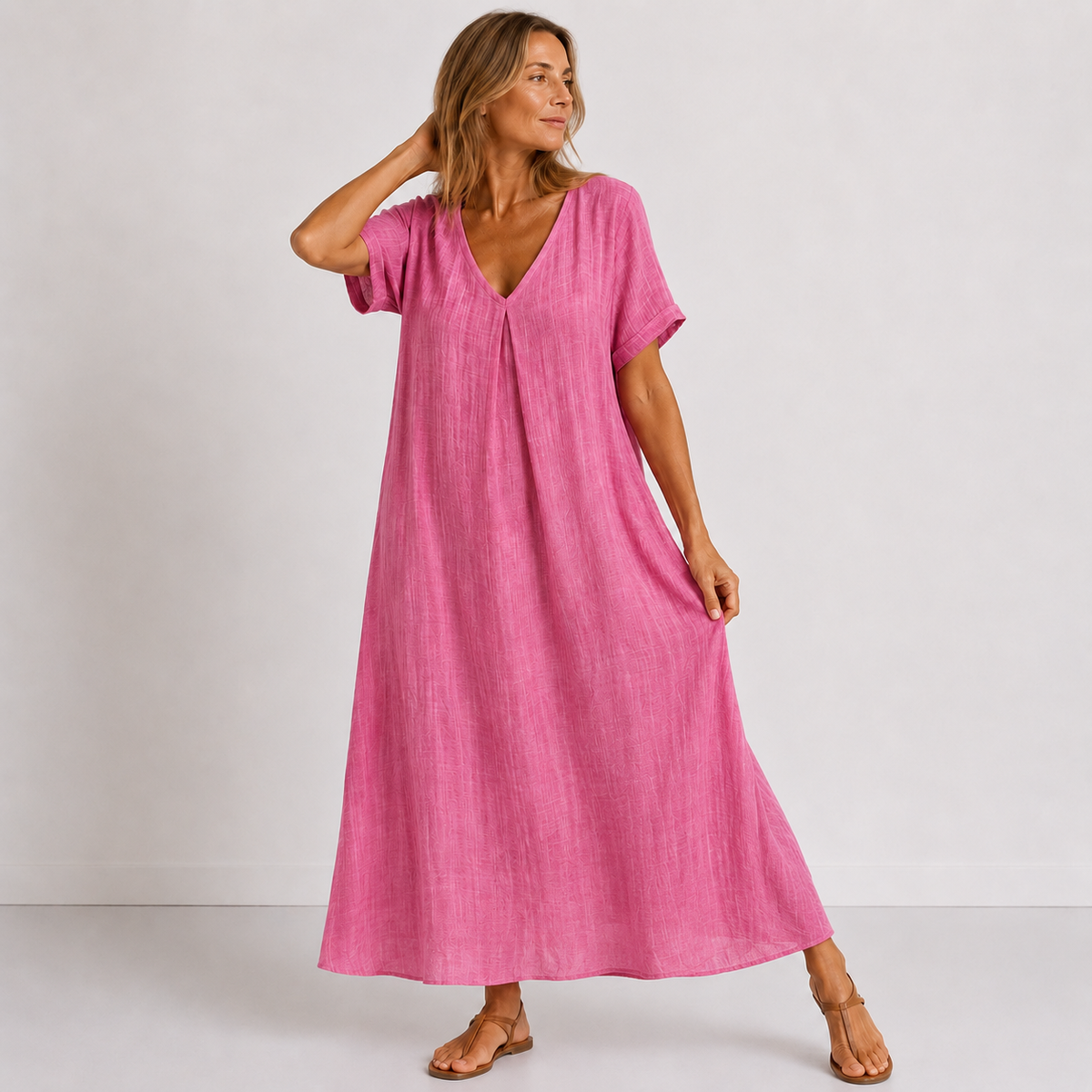 Pink V-neck midi dress with short sleeves and center button placket